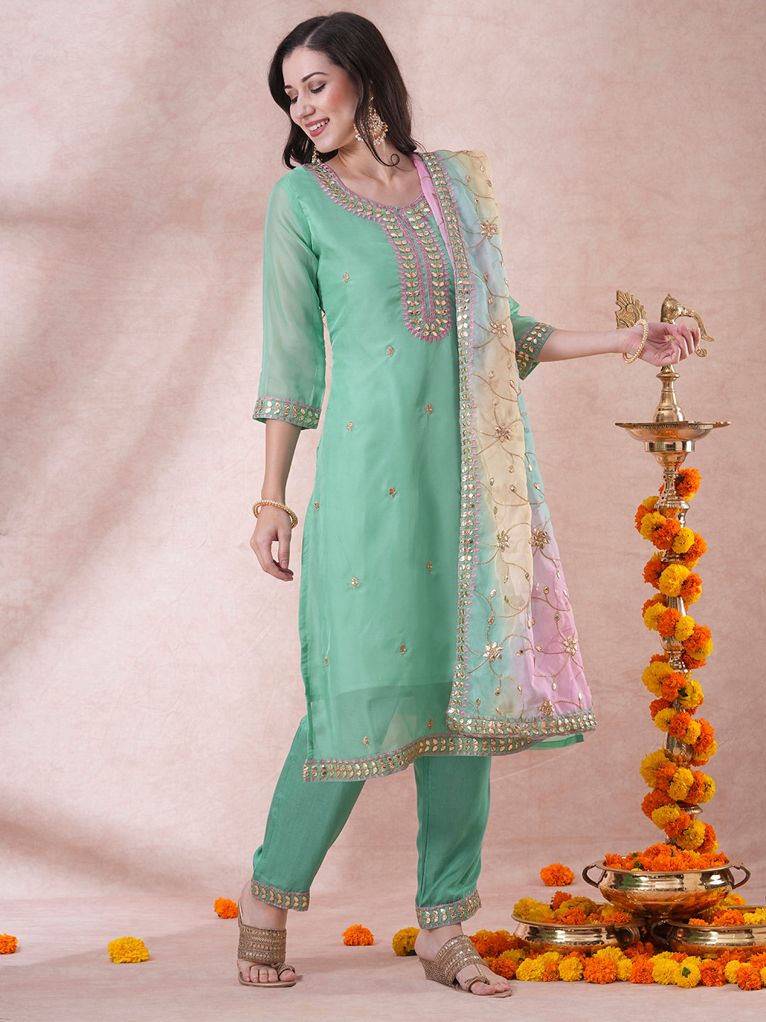 Solid Gota Patti Embroidered Straight Fit Kurta with Pant and Printed Dupatta - Mint Green