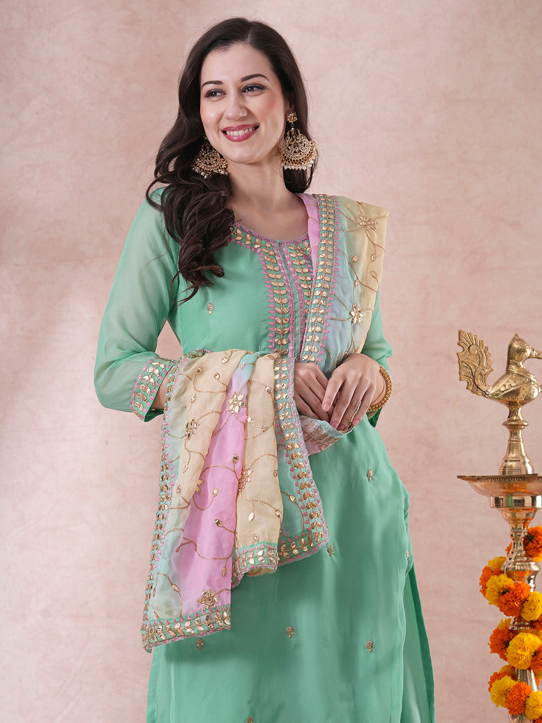 Solid Gota Patti Embroidered Straight Fit Kurta with Pant and Printed Dupatta - Mint Green