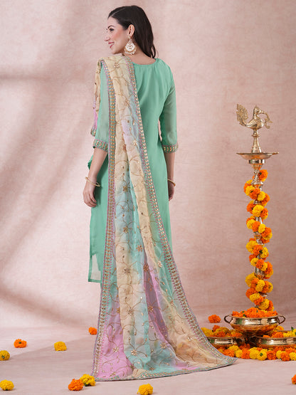 Solid Gota Patti Embroidered Straight Fit Kurta with Pant and Printed Dupatta - Mint Green