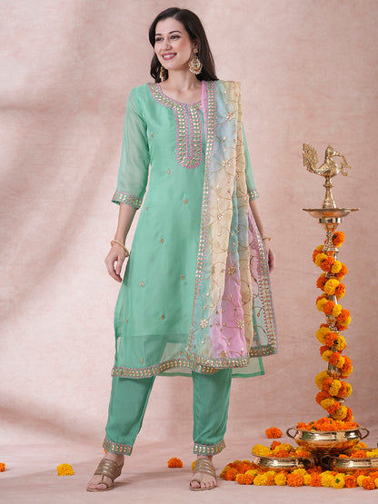 Solid Gota Patti Embroidered Straight Fit Kurta with Pant and Printed Dupatta - Mint Green