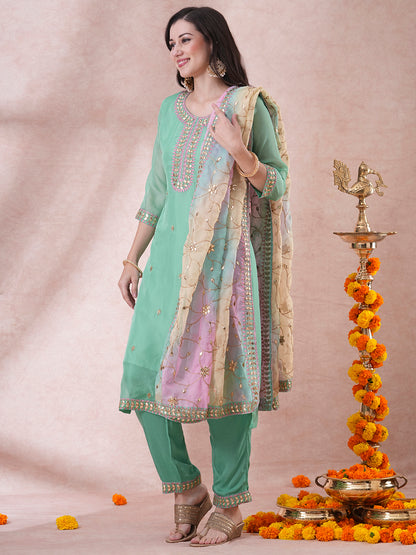 Solid Gota Patti Embroidered Straight Fit Kurta with Pant and Printed Dupatta - Mint Green