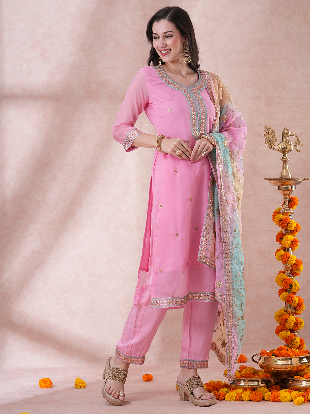 Solid Gota Patti Embroidered Straight Fit Kurta with Pant and Printed Dupatta - Pink