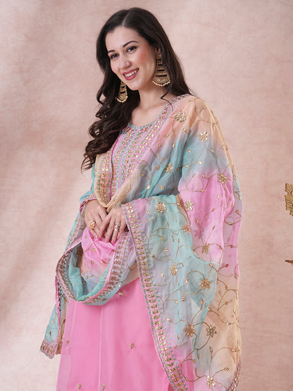 Solid Gota Patti Embroidered Straight Fit Kurta with Pant and Printed Dupatta - Pink