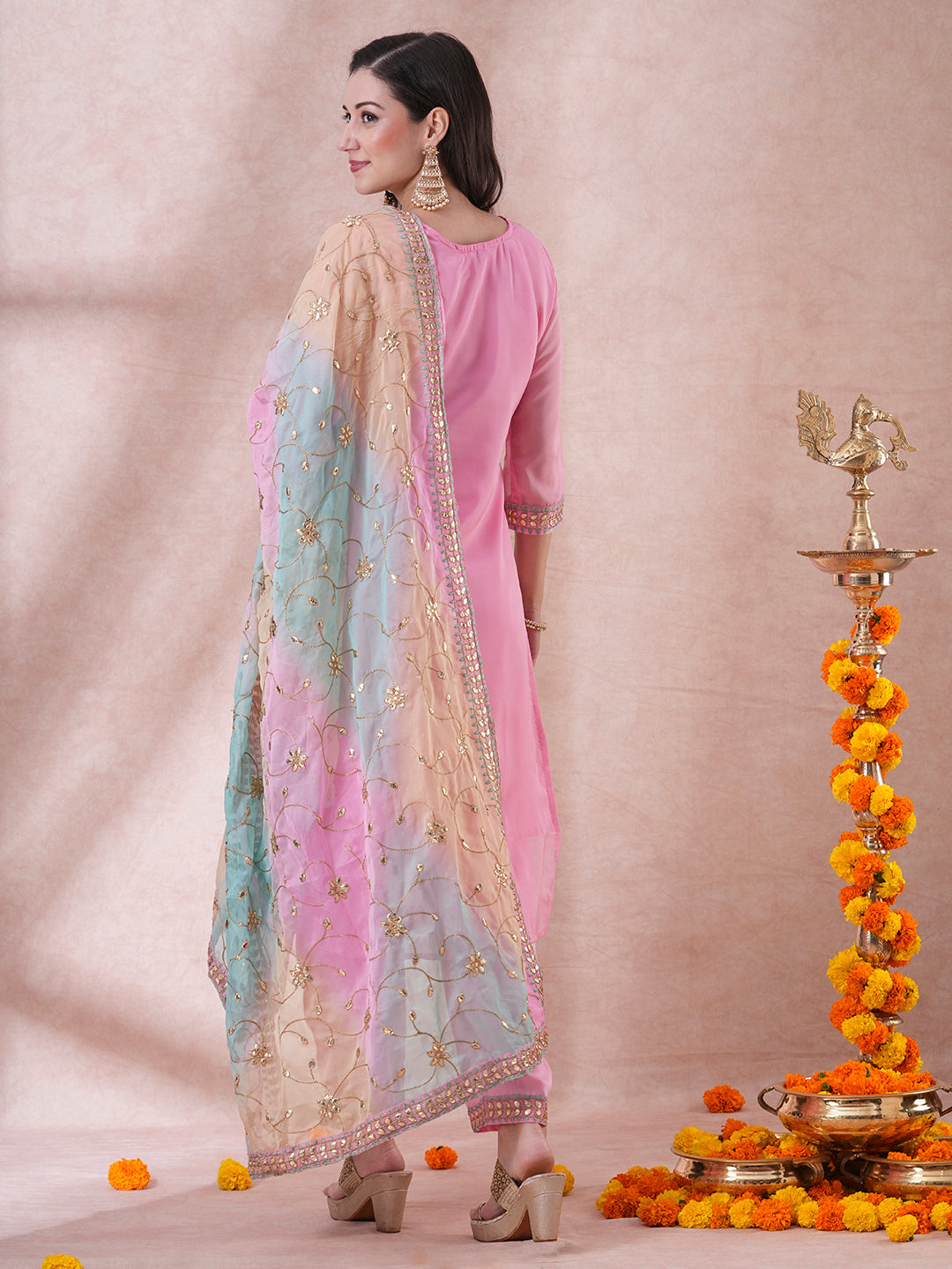 Solid Gota Patti Embroidered Straight Fit Kurta with Pant and Printed Dupatta - Pink