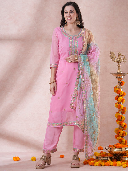 Solid Gota Patti Embroidered Straight Fit Kurta with Pant and Printed Dupatta - Pink