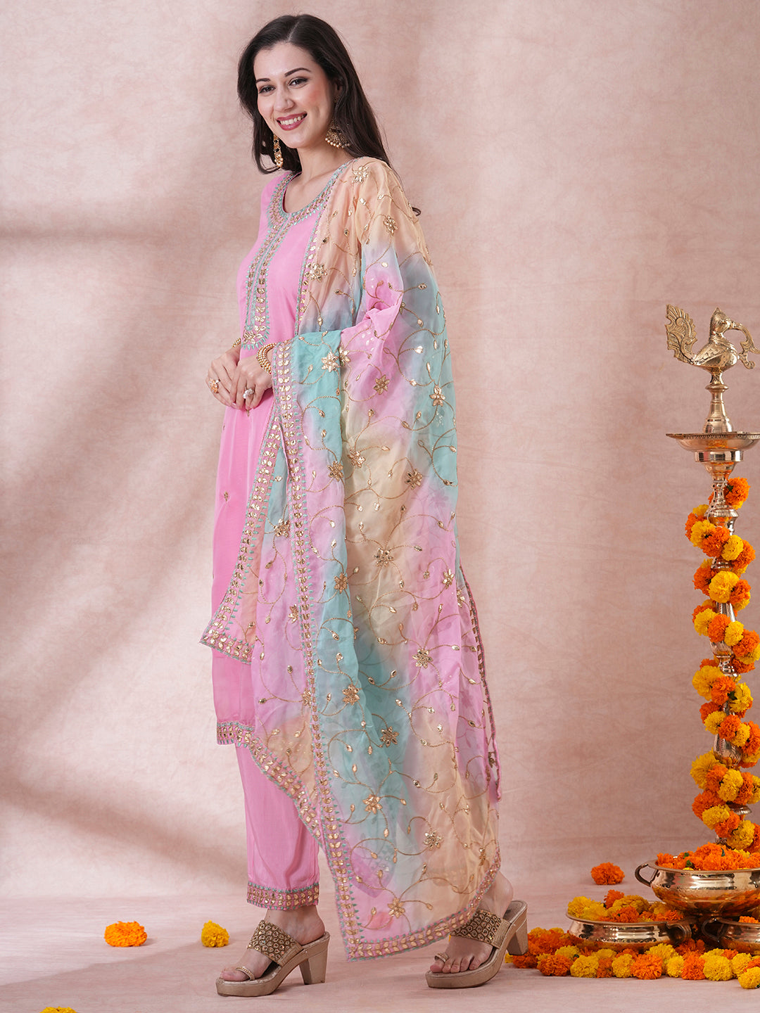 Solid Gota Patti Embroidered Straight Fit Kurta with Pant and Printed Dupatta - Pink