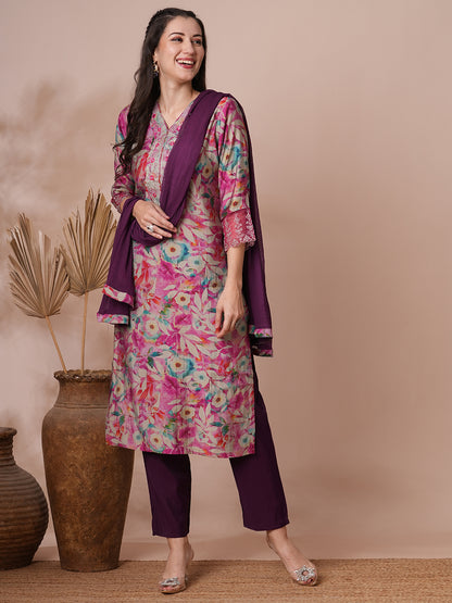 Floral Printed & Embroidered Straight Fit Kurta with Pant and Dupatta - Pink