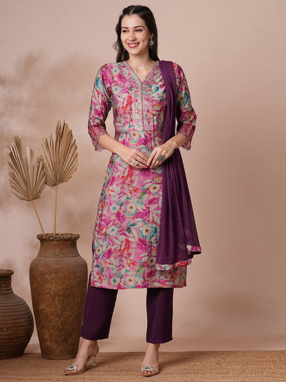 Floral Printed & Embroidered Straight Fit Kurta with Pant and Dupatta - Pink