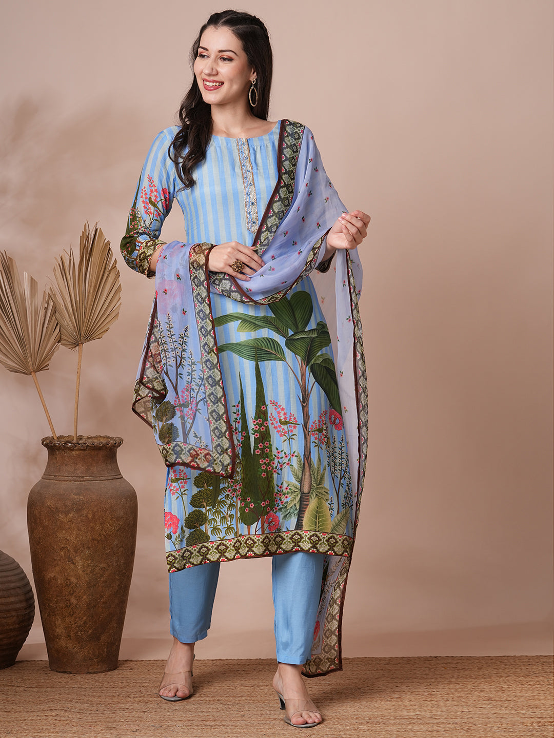 Ethnic Floral Printed & Embroidered Straight Fit Kurta with Pant and Dupatta - Blue