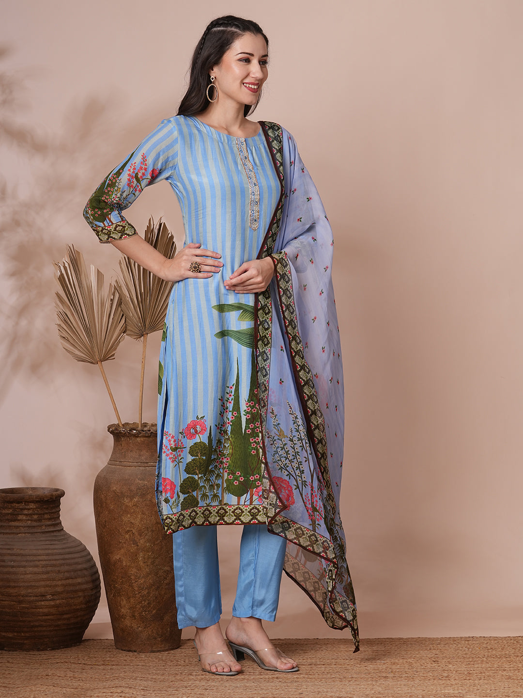 Ethnic Floral Printed & Embroidered Straight Fit Kurta with Pant and Dupatta - Blue