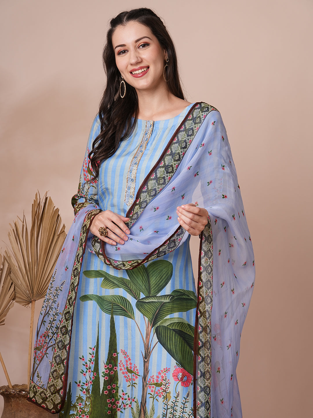 Ethnic Floral Printed & Embroidered Straight Fit Kurta with Pant and Dupatta - Blue