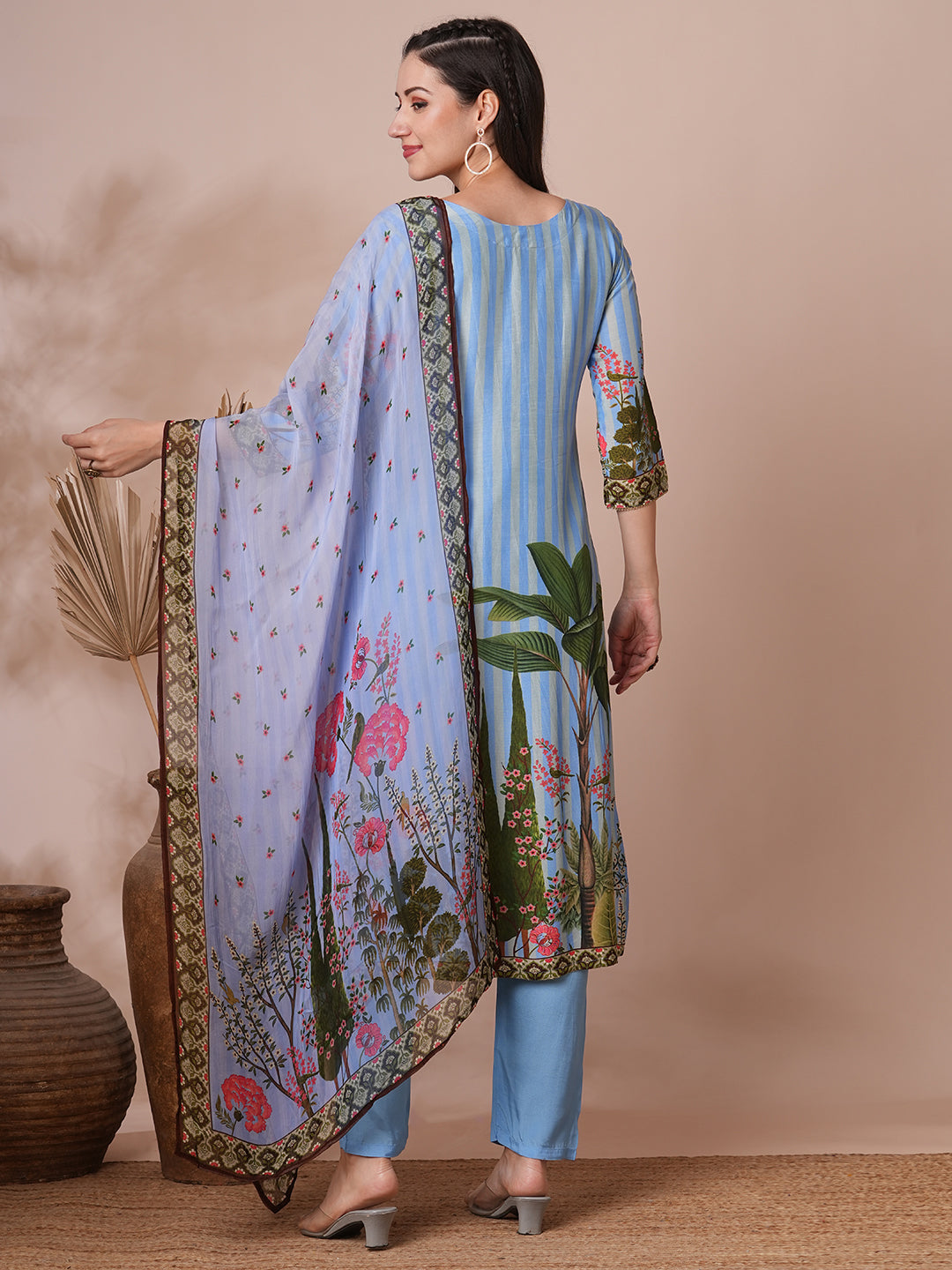 Ethnic Floral Printed & Embroidered Straight Fit Kurta with Pant and Dupatta - Blue