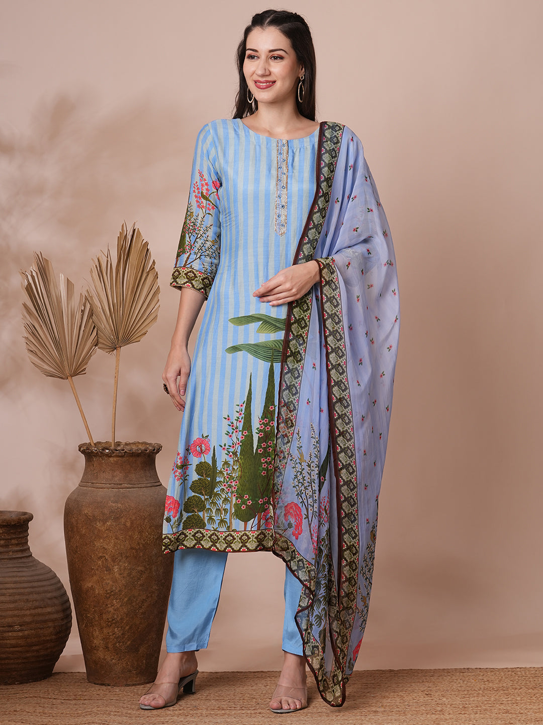 Ethnic Floral Printed & Embroidered Straight Fit Kurta with Pant and Dupatta - Blue