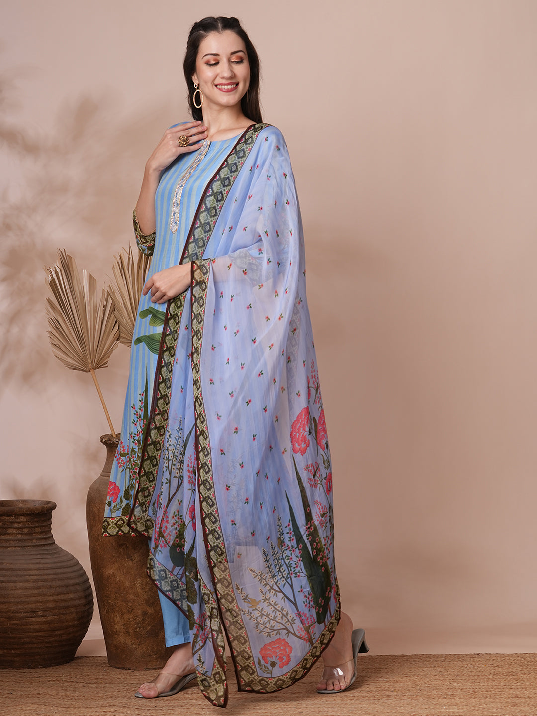 Ethnic Floral Printed & Embroidered Straight Fit Kurta with Pant and Dupatta - Blue