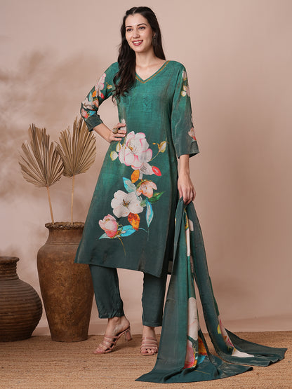 Floral Printed & Embroidered Straight Fit Kurta with Pant and Dupatta - Green