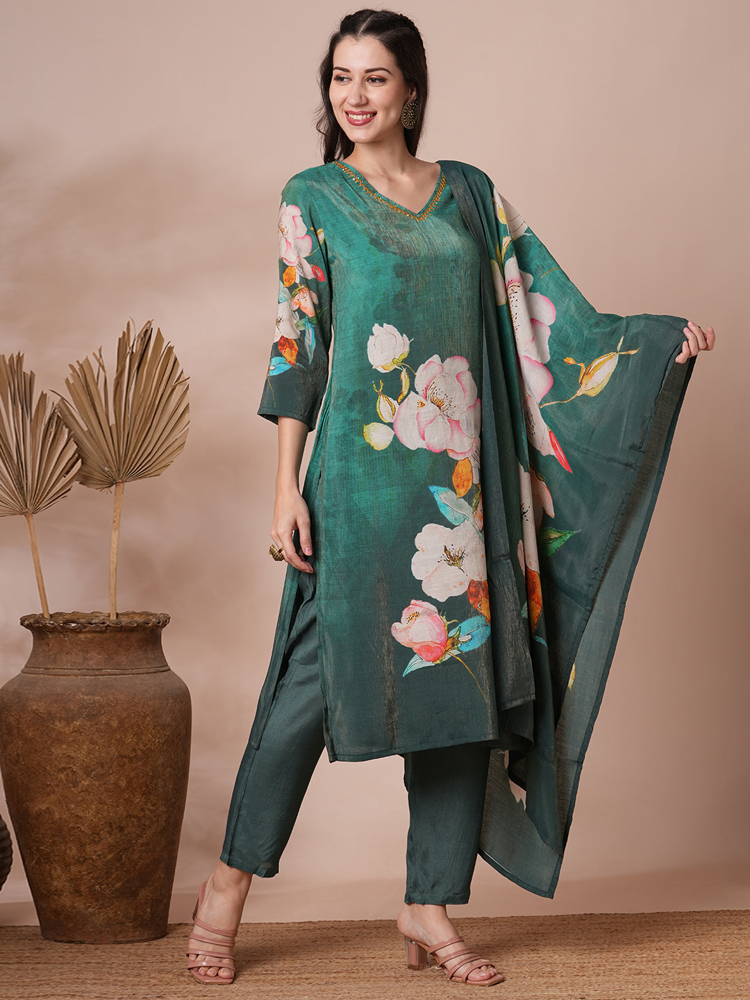 Floral Printed & Embroidered Straight Fit Kurta with Pant and Dupatta - Green