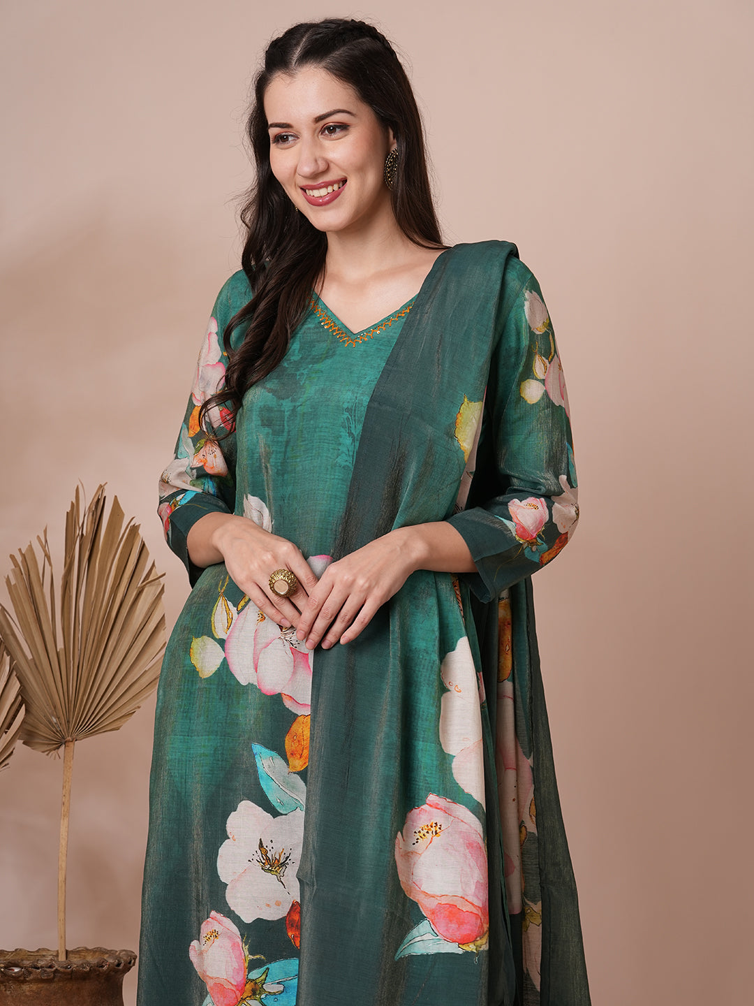 Floral Printed & Embroidered Straight Fit Kurta with Pant and Dupatta - Green