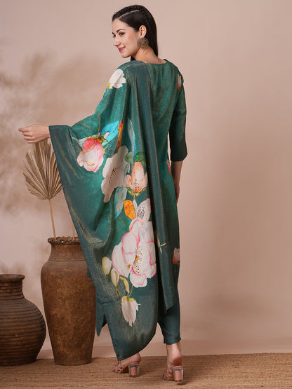 Floral Printed & Embroidered Straight Fit Kurta with Pant and Dupatta - Green