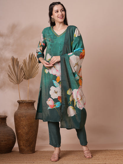 Floral Printed & Embroidered Straight Fit Kurta with Pant and Dupatta - Green