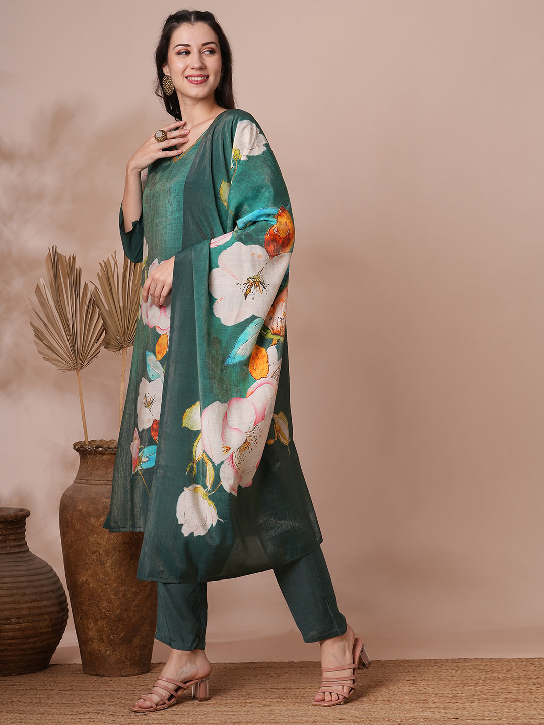 Floral Printed & Embroidered Straight Fit Kurta with Pant and Dupatta - Green