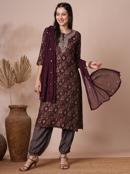 Ethnic Printed & Embroidered Straight Kurta with Balloon Pant and Dupatta - Mauve