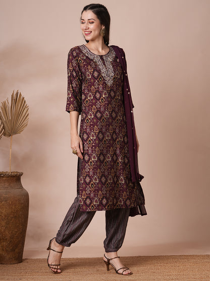 Ethnic Printed & Embroidered Straight Kurta with Balloon Pant and Dupatta - Mauve