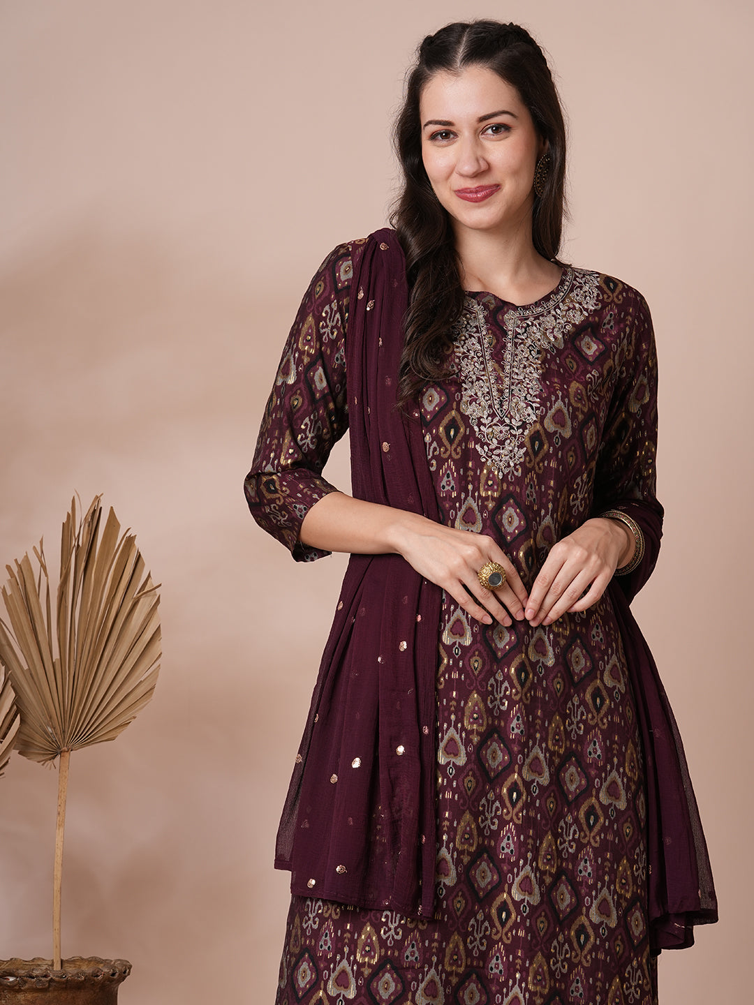 Ethnic Printed & Embroidered Straight Kurta with Balloon Pant and Dupatta - Mauve