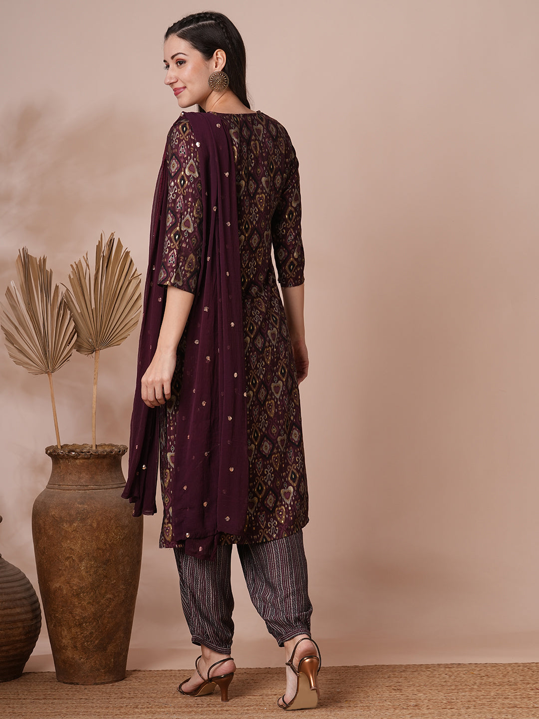 Ethnic Printed & Embroidered Straight Kurta with Balloon Pant and Dupatta - Mauve