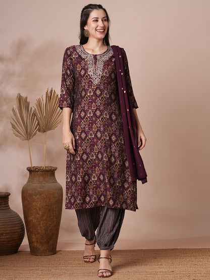 Ethnic Printed & Embroidered Straight Kurta with Balloon Pant and Dupatta - Mauve