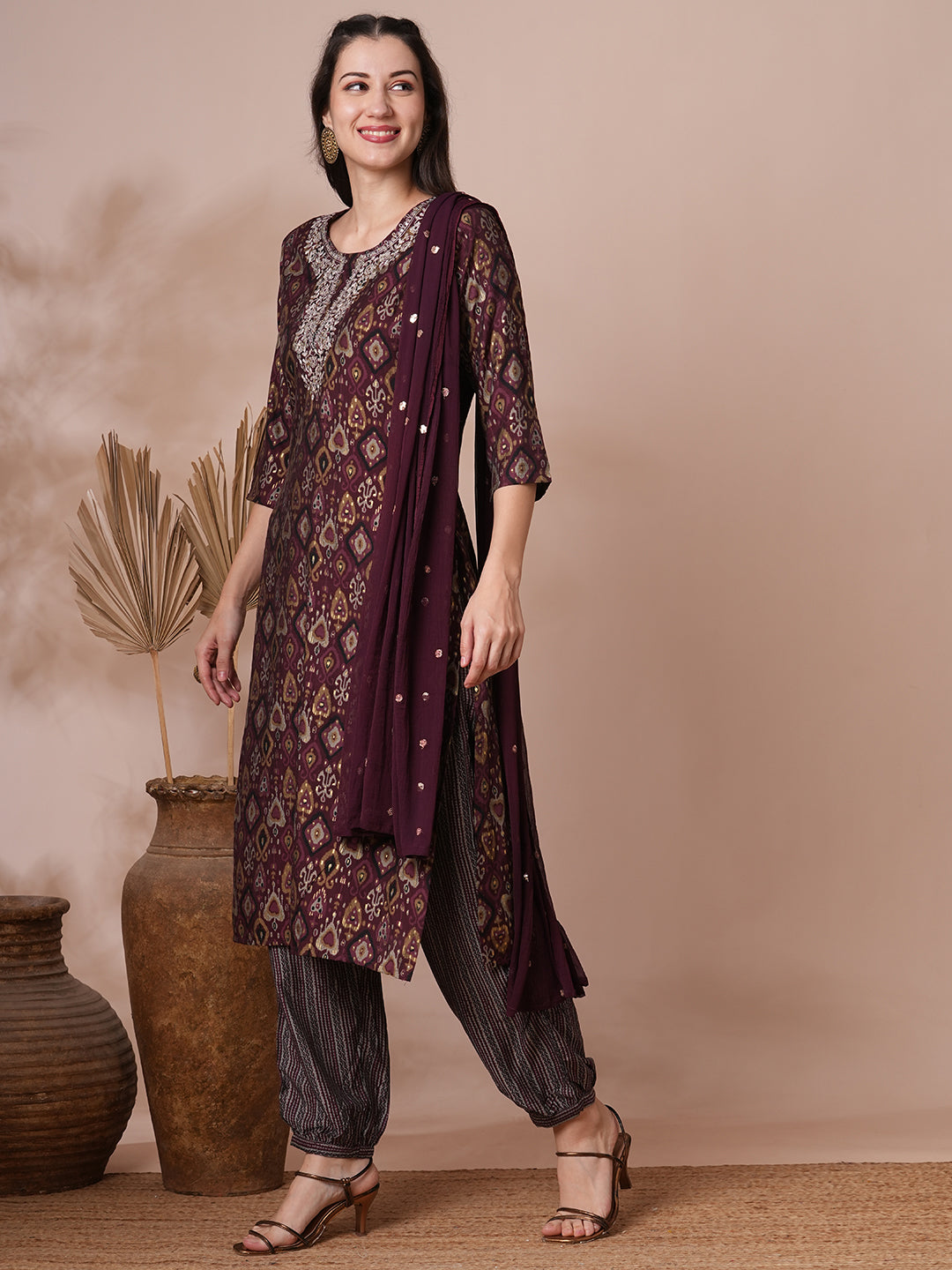 Ethnic Printed & Embroidered Straight Kurta with Balloon Pant and Dupatta - Mauve