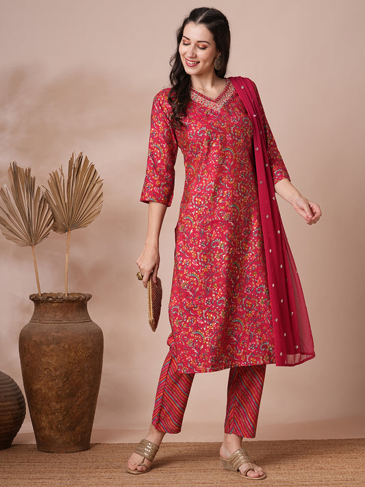 Ethnic Floral Printed & Embroidered Straight Kurta with Pant & Dupatta - Red