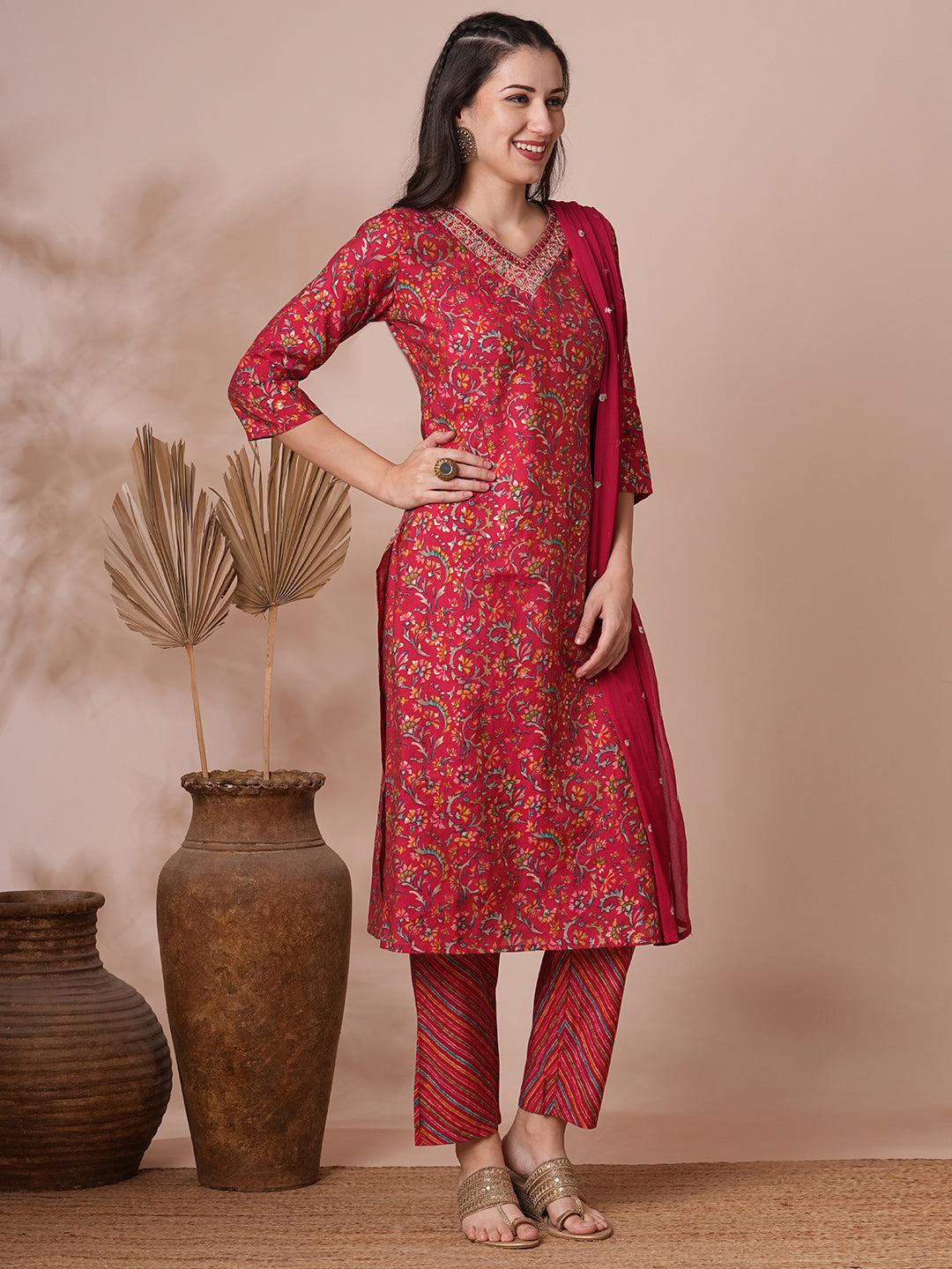 Ethnic Floral Printed & Embroidered Straight Kurta with Pant & Dupatta - Red