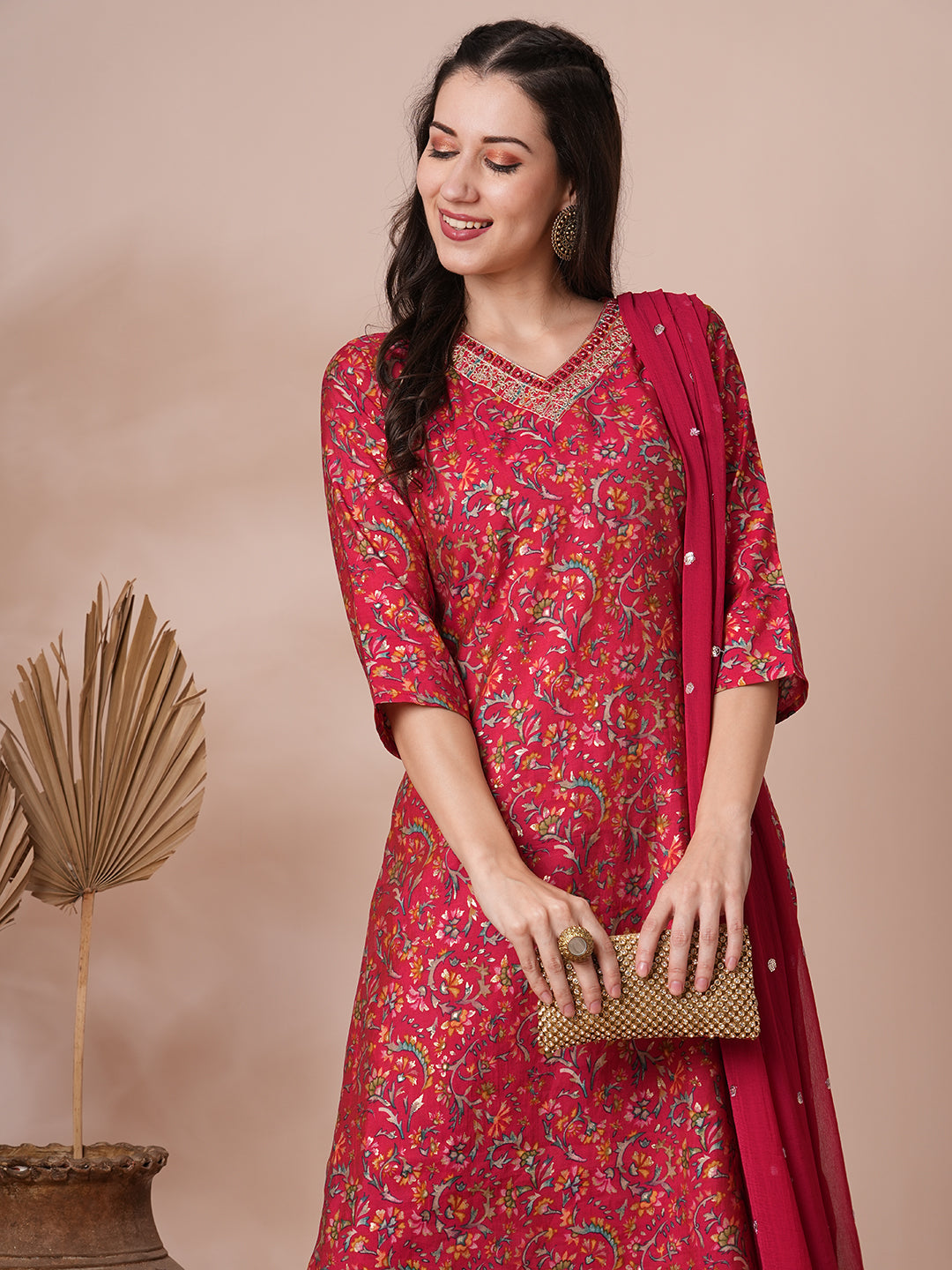 Ethnic Floral Printed & Embroidered Straight Kurta with Pant & Dupatta - Red