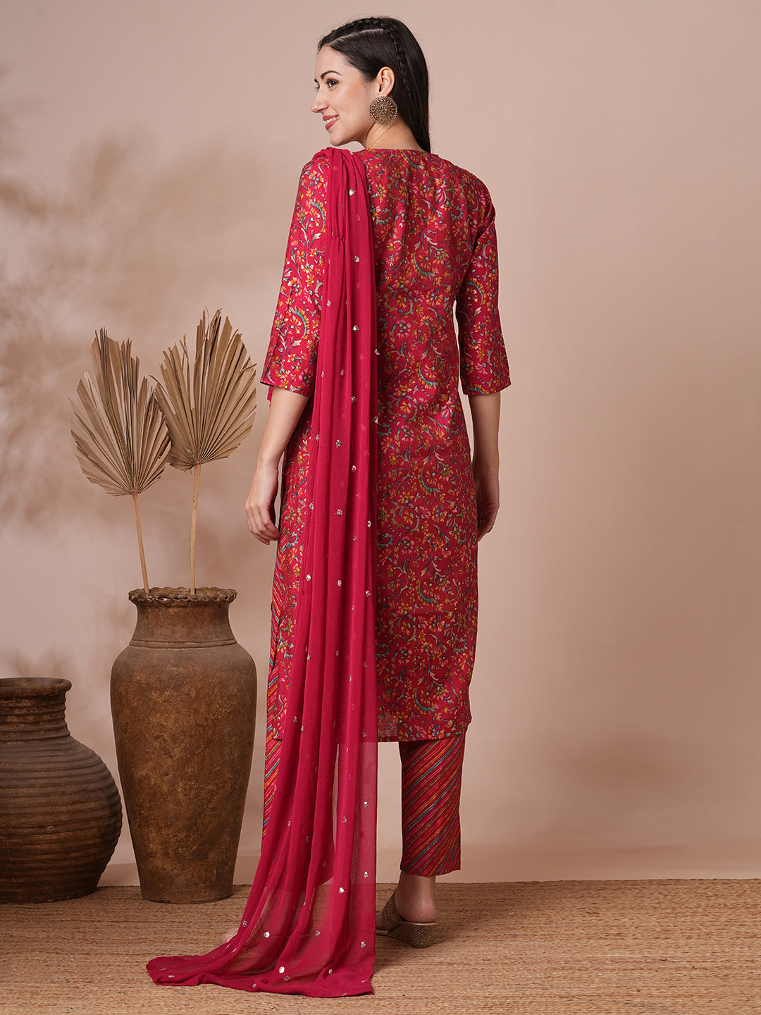 Ethnic Floral Printed & Embroidered Straight Kurta with Pant & Dupatta - Red