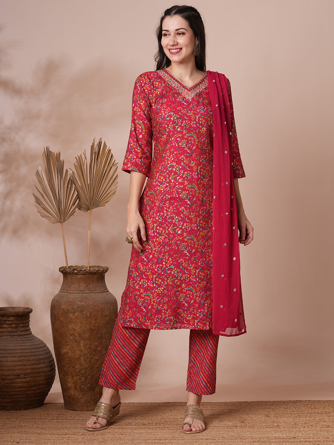 Ethnic Floral Printed & Embroidered Straight Kurta with Pant & Dupatta - Red