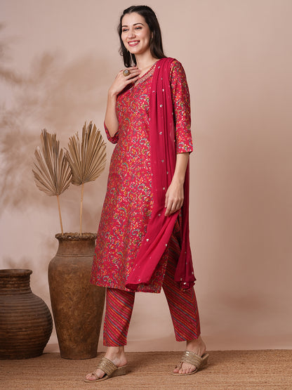 Ethnic Floral Printed & Embroidered Straight Kurta with Pant & Dupatta - Red