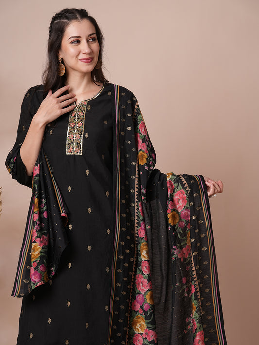 Floral Hand Embroidered Straight Kurta with Pant and Dupatta - Black