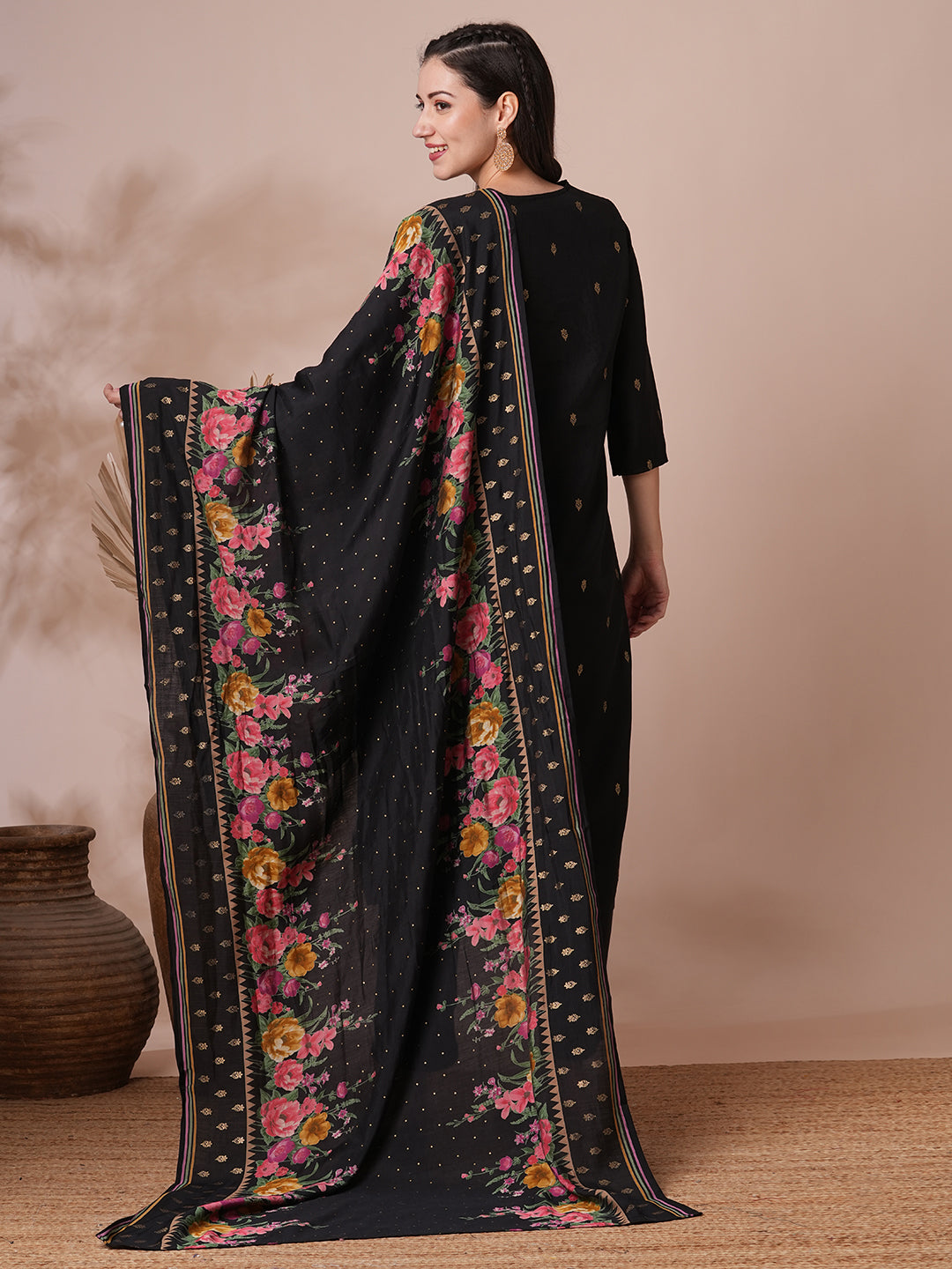 Floral Hand Embroidered Straight Kurta with Pant and Dupatta - Black