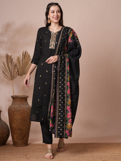 Floral Hand Embroidered Straight Kurta with Pant and Dupatta - Black