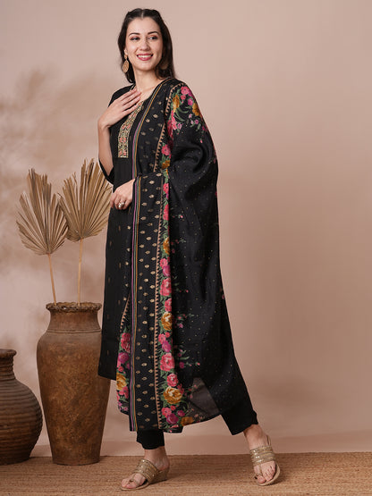 Floral Hand Embroidered Straight Kurta with Pant and Dupatta - Black