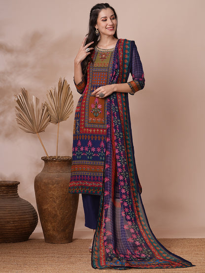 Ethnic Printed & Hand Embroidered Straight Fit Kurta with Pant and Dupatta - Blue