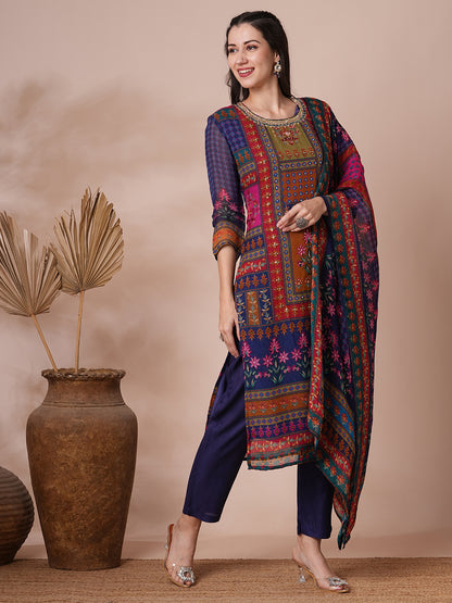 Ethnic Printed & Hand Embroidered Straight Fit Kurta with Pant and Dupatta - Blue