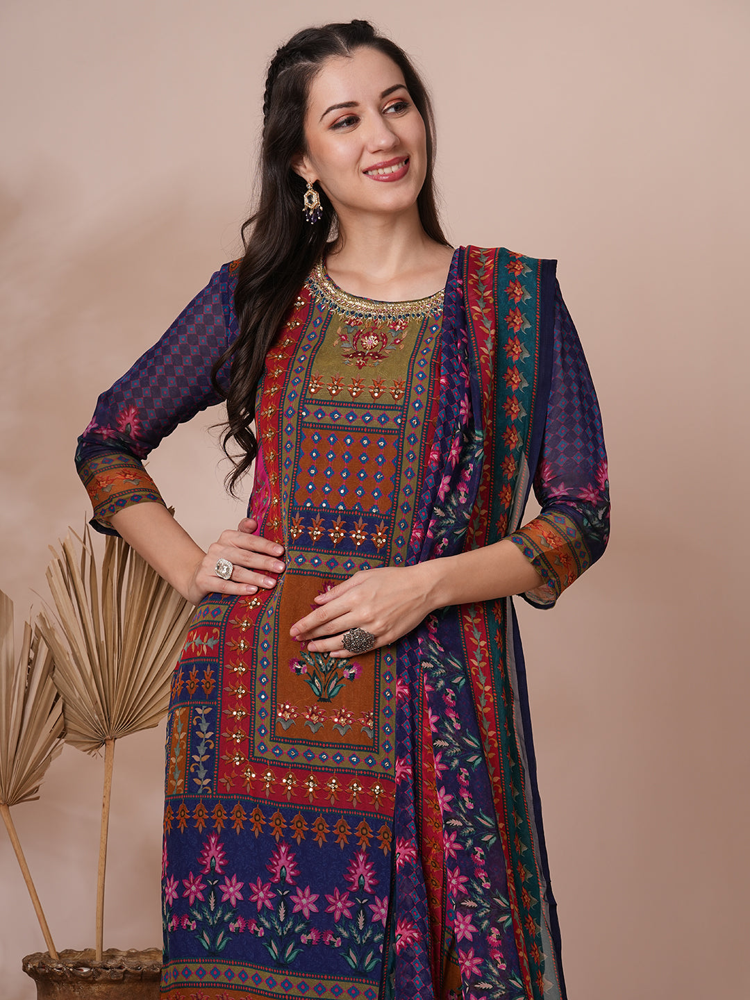 Ethnic Printed & Hand Embroidered Straight Fit Kurta with Pant and Dupatta - Blue