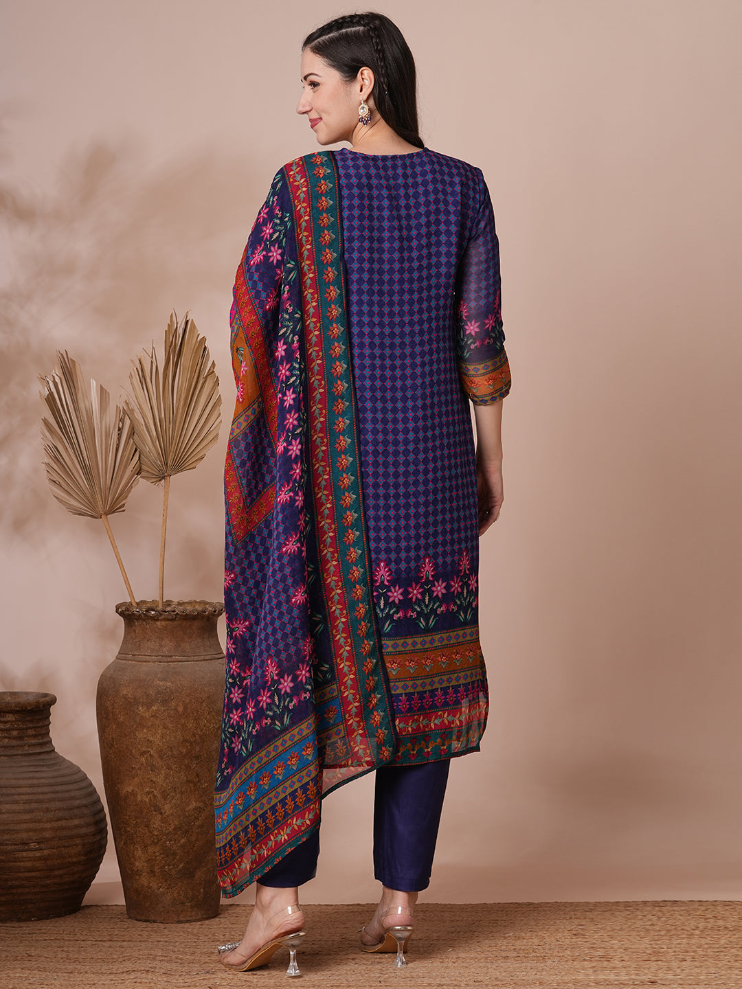 Ethnic Printed & Hand Embroidered Straight Fit Kurta with Pant and Dupatta - Blue