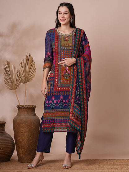 Ethnic Printed & Hand Embroidered Straight Fit Kurta with Pant and Dupatta - Blue