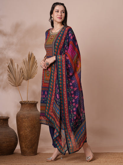 Ethnic Printed & Hand Embroidered Straight Fit Kurta with Pant and Dupatta - Blue