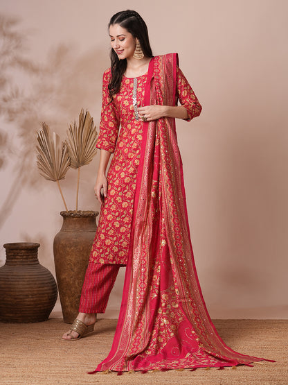 Floral Printed & Mirror Embroidered Straight Kurta with Pant and Dupatta - Red