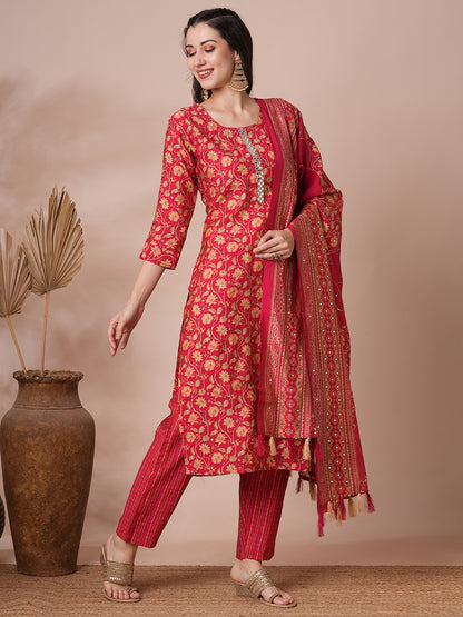 Floral Printed & Mirror Embroidered Straight Kurta with Pant and Dupatta - Red