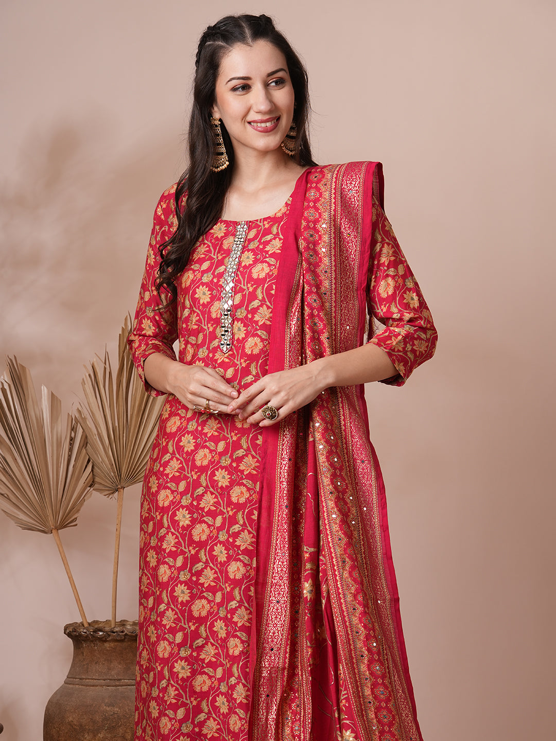 Floral Printed & Mirror Embroidered Straight Kurta with Pant and Dupatta - Red