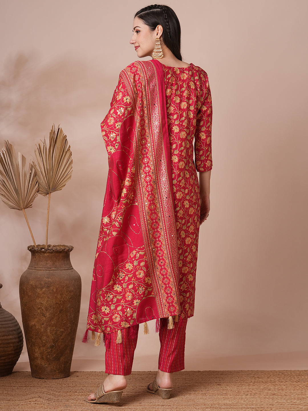 Floral Printed & Mirror Embroidered Straight Kurta with Pant and Dupatta - Red